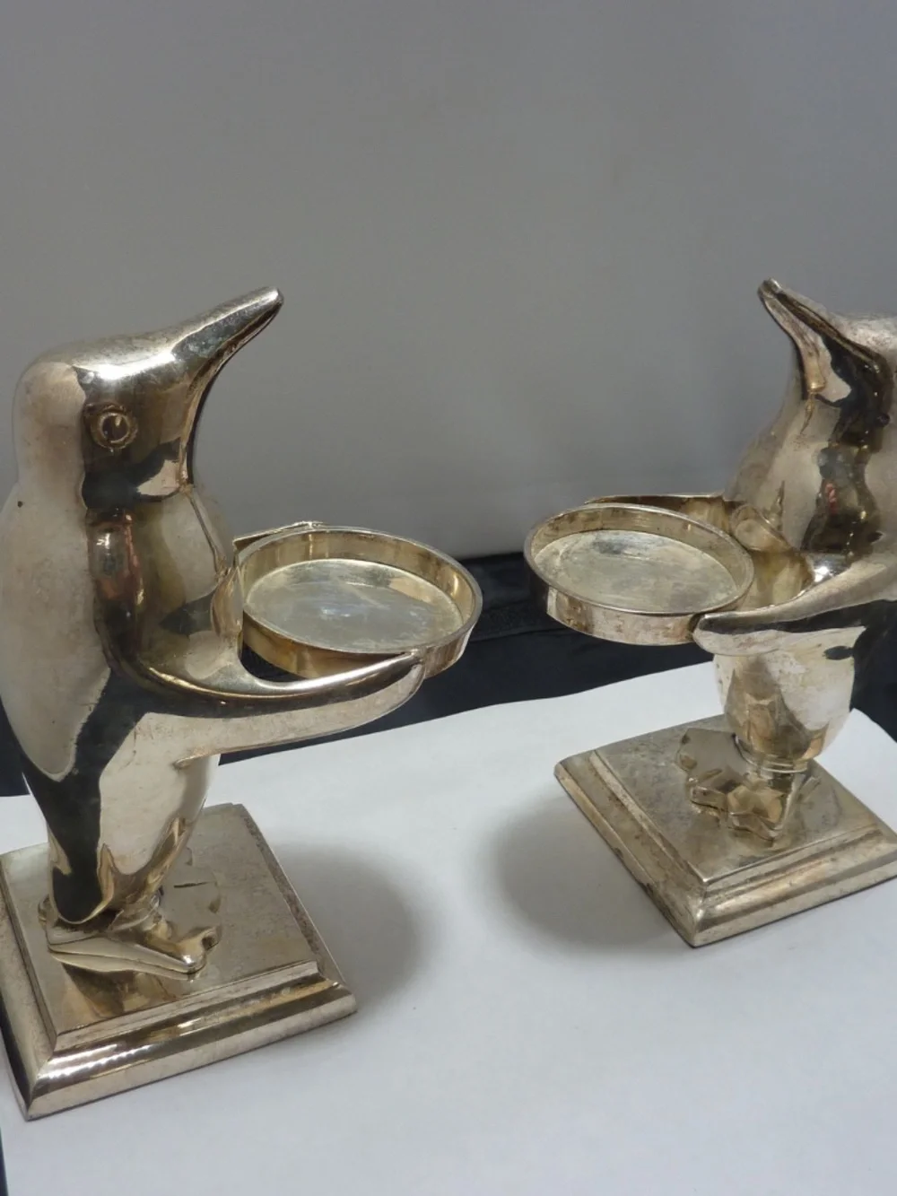 VTG Penguin Candle Holder Votive Set SILVER PLATED Metal Heavy Deco Bird Qty 2